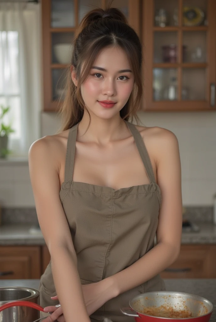 (masterpiece:1.1, Best Quality:1.1, 32K HDR, High resolution), (1girl in, Solo), Very realistic portrait of a woman, mature, A MILF , realistic hairstyle, Black hair, updo hair, Dango Hair, Apron yellow, Nude apron, earrings, giant cleavage, Colossal, Big breasts, busty, Spilling nipples, Kitchen, Perfect slim body: 1.1), highly detailed face, detailed eyes, realistic skin texture, detailed skin description detailed,