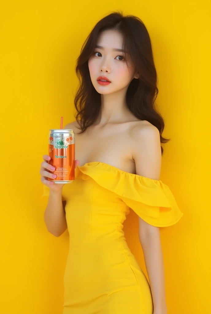 Drink label with, elegant woman, Estilo Retrato, holding glass of drink, soft yellow and red clothes, brazilian style, neutral geometric style background with mango fruits
