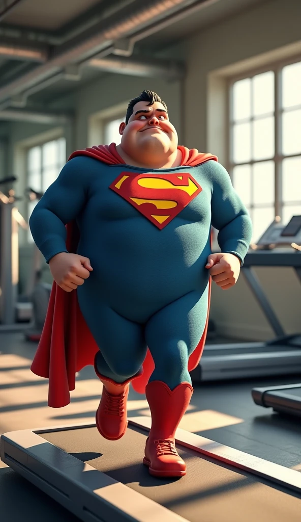 Superman is an impressive 3D render image, adorable superman with a fat and round body, in his iconic dress, barely riding an exercise bike in the gym, body sweating, focused and t