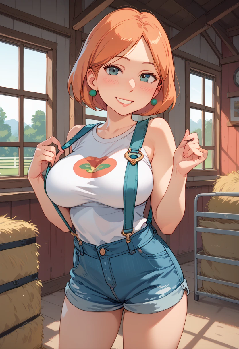 (kinako_(shiratama mochi) style), taiki_shuttle_\umamusume\), nsfw, masterpiece, topless, denim shorts, belt, carrying notebook and pen, solo, 1 girl, horse ears, horse tail, bare stomach, sweaty, cowboy shot, nipples, large nipples, erect nipples, navel, puffy nipples,  cowboy hat, outdoors, grain silo, farm, tractor, fence, slim waist, brown hair, short hair, ponytailed, detailed eyes, beautiful eyes, wet, blue eyes, necklace, gold bracelet, side bangs, smiling, large breasts