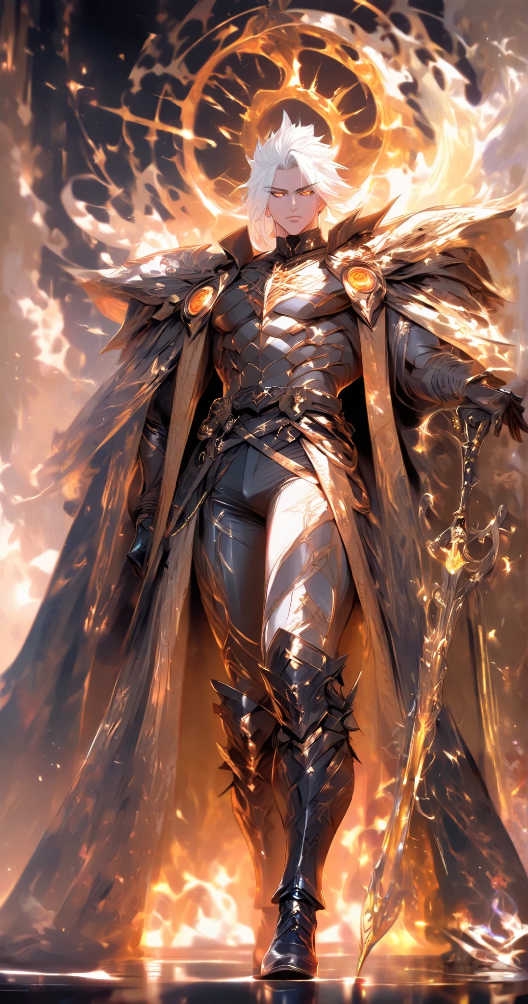 1 man, anime badass, Alone, A powerful figure clad in dark, intricately designed armor with fiery, glowing orange accents stands firmly, exuding a commanding presence. His short white hair is styled with a slightly tousled look, complementing the striking contrast against the armor. The elaborate outfit is adorned with sharp, metallic details and features a belt with ornate buckles. Holding a fierce weapon in hand, the character's robust physique is highlighted by the tightly fitted armor, accentuating the muscular form. The background suggests a dynamic environment filled with swirling energy and flames, adding to the dramatic and formidable atmosphere. The light source casts dramatic shadows, enhancing the vivid intensity of the scene.
anime male boy Giga Chad, 1 man é uma príncipe de cabelo platinado lido e curto com fios pretos na franja. His hair has a bit of black and gold lighting with glowing dark fluorescent orange, golden irises with glowing pink details surrounding the pupils of vertical slits in the Irises, sexy, seductively male body. badass, Overpower ilumination. imposing, impeccable posture. muscular body. Armadura retalheCorpo anatomically correct. High resolution, masterpiece, Necessary, anatomically correct, Awarded several times, best quality, High details, high quality, retina, Super detail, Textured Skin , Ultra HD, Slit-shaped pupils, Clenched teeth in a seductive delicate smile, Slit pupils/ Shimmering pupils , constricted pupils , Perspective, symmetry, depth of field, brilliance, lines of motion, Lens reflection, Flowering, Cinematic Lighting, Rays of Divine Light, OctaneRender 8K, Character Design, Cinematic Art, Cinematography, hyperdetailed, hyper-realism, soft colors, Soft lighting, ((((looking at the viewer from the front))) (((remote positioning))) (((full body view, standing)))