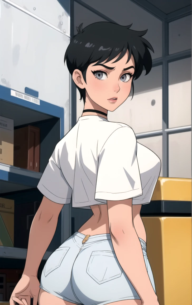 1girl ,lois lane, tan ,short hair ,brown eyes, black hair, ,earrings, glossy lips ,solo, breasts, dark skin, black t-shirt, white shirt, blue jeans, belt, lipstick, large breasts, layered sleeves