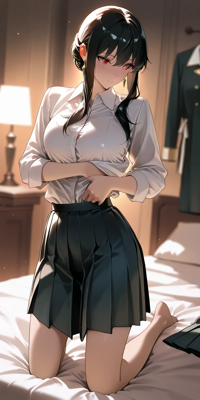 1lady standing, /(casual shirt/) (black pencil skirt:1.1) /(id card lanyard/), mature female, /(brown hair/) bangs, moaning, lips apart, blush, sexy, (masterpiece best quality:1.2) delicate illustration ultra-detailed BREAK /(modern office indoors/), window skyscraper
