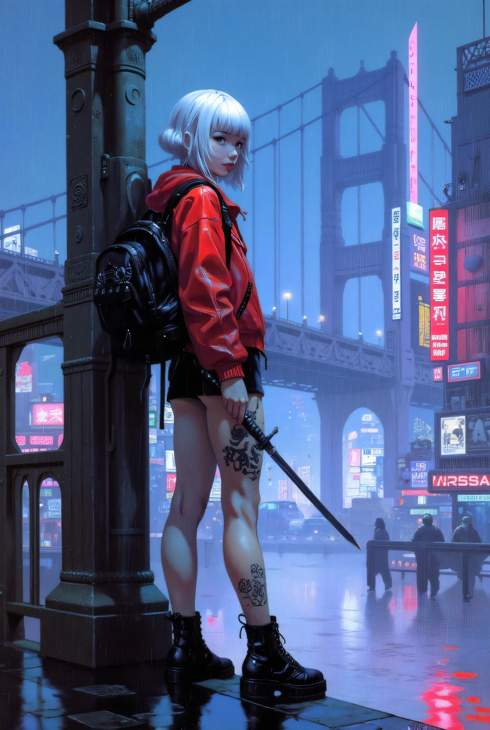 A highly detailed and realistic 4K cyberpunk illustration featuring a vintage analog photography style. A young Japanese woman, dressed in schoolgirl clothes, wears a red bomber jacket over her shirt. She carries a black leather backpack on her back, matching her high-soled black boots. She leans against the walkway of a towering suspension bridge in a Tokyo neighborhood at night, surrounded by rain. Her slender, athletic figure is accentuated by her miniskirt and sexy fishnet stockings, which blend seamlessly with her organic silhouette. Her skin is clear and smooth. She has blackwork tattoos on one of her legs. She sports white hair in a classic anime cut. One of her hands holds a katana. The composition is captured from a slightly elevated perspective (high angle shot), revealing three-quarters of her body as she surveys the futuristic metropolis. The background features a dense, neon-drenched cityscape, with holographic billboards, flying vehicles, and rain reflecting the vibrant colors of Tokyo's cyber underworld. The scene is lit by cool blues and purples, contrasting with vibrant pink and red neon signs. The atmosphere is melancholic and cinematic, with raindrops providing depth and texture. The image exudes a perfect blend of futuristic, cyberpunk, and noir aesthetics, immersing the viewer in a high-tech dystopian world.