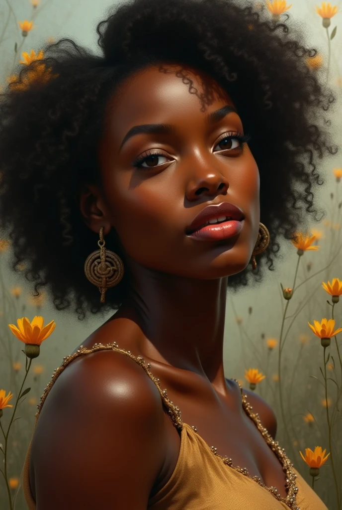 Charlie Bowater, Lithography sketch portrait of a black Congolese woman, rich ebony skin, flowers, dieselpunk, multi-colored ribbons, old paper texture, highly detailed, full upper body, medium shot, masterpiece 