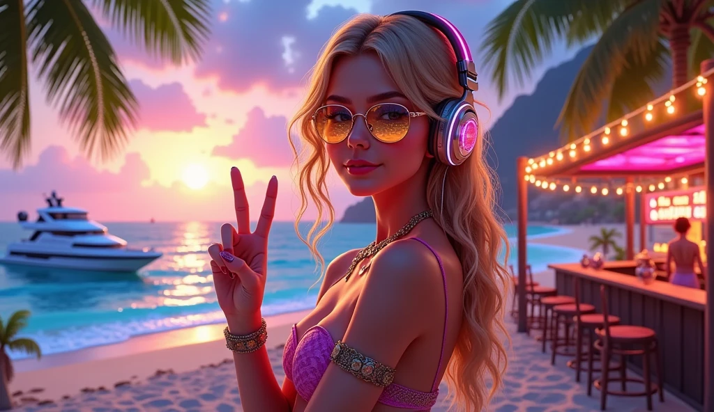 Woman 25 years brown eyes brown hair as DJ at a beach party, celebrate as if the camera wasn't there, one arm up and concentrating on mixing music with headphones