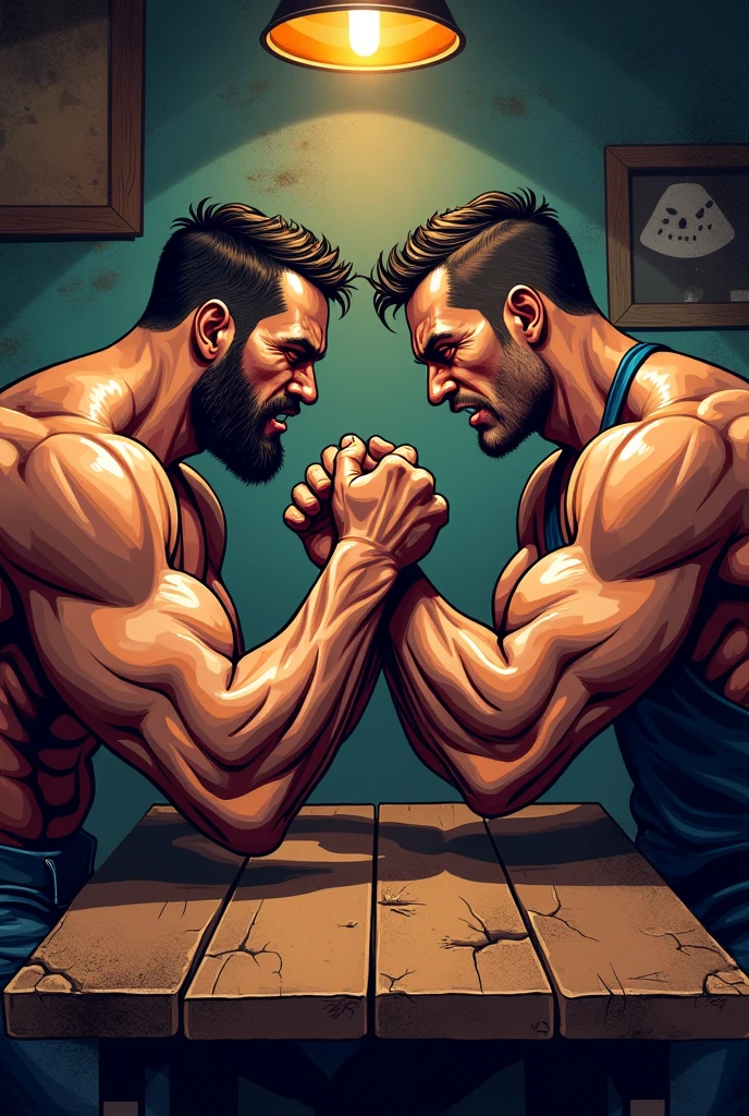 2 beautiful handsome men sitting playing arm wrestling strength games in a cowboy bar while the other 3 handsome men look at him betting on a beautiful young man who looks at him 
