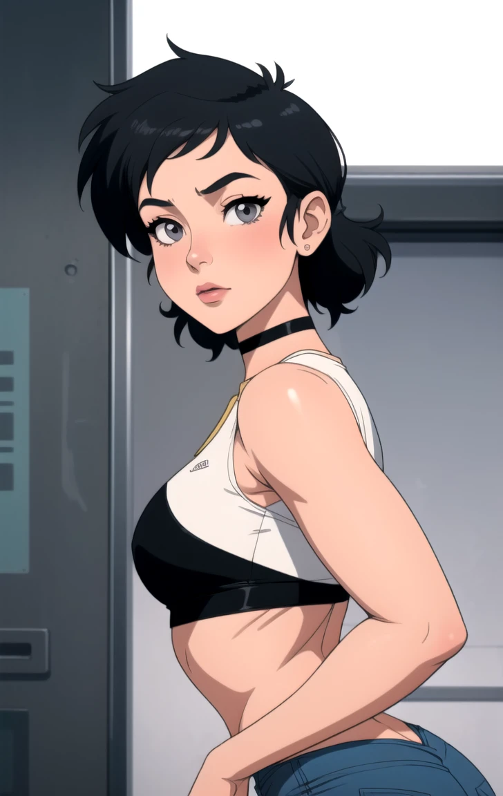 Mixed race Afro Latina with a parted flat-top in white bra and white cotton high cut panties, anime art style, intricate details