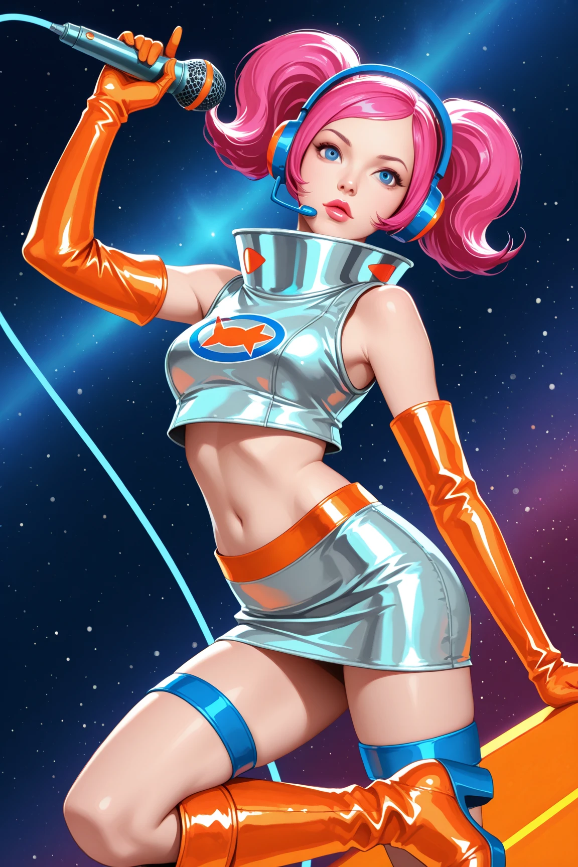 masterpiece, best quality, 1girl, solo, retro futuristic cyborgwoman, seamlessly blending mechanics and elegance. fit, small breasts, blueish skin, with magenta hair, fashion modeling pose, form fitting pastel green and pink with black colorblocking swimsuit-like-armor , happy, wild hair, humanoid face with bigger eyes and some cyberparts holding a retro futuristoc space-gun, plain background, dark colors, Anime, Cartoon, Comic Book, Concept Art
