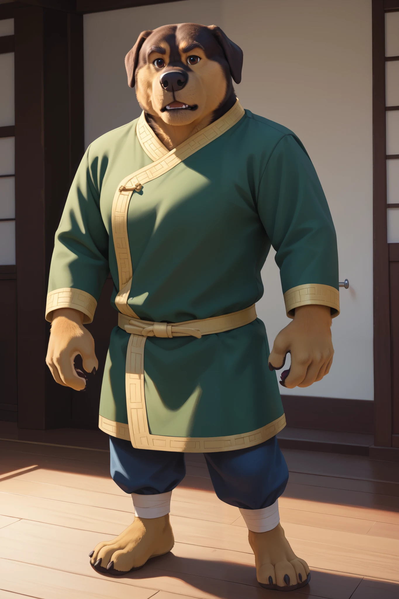 Khampa, detailed, high quality, detailed, 4k, high resolution, high quality, high resolution, furry character, canine, 2d, solo, Himalayan mountains background, rockdog, khampa, style rock dog, movie style, style[rockdog], rockdog, male, Tibetan mastiff, mastiff, dog boy, dog, khampa, Tibetan Mastiff with brown-and-tan fur with tan fur on his muzzle, hands, feet, black nose, brown eyes and black trimmed claws, he wears a green Tibetan jacket with a yellow trim, yellow cuffs and a yellow belt, and blue pants with light blue cuffs, training the martial arts of Kung Fu