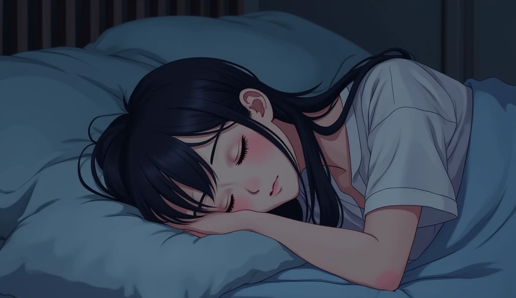 (Highest quality, masterpiece, Ultra-realistic), Beautiful and delicate１５Year-old girl portrait,, The background is the bedroom at home.。Sleeping with a calm expression。It&#39;s dark in the room、The bed lamp is on。