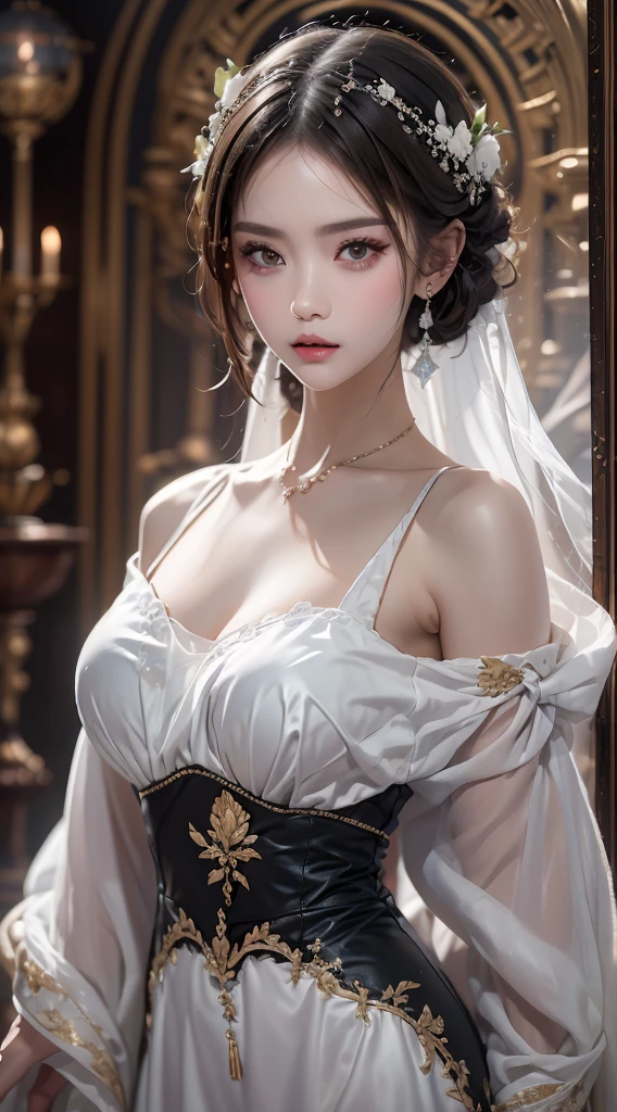 (filigree,Sharp Images,hyper resolution,Extremely amazing detail,Awesome detail),sub-surface Scattering,杰作,best qualitiy,high qulity,(1girl:1.2)Long curly black hair,brown-eyed,Wear a garland on your head,gal girl,blossoms,Delicate facial features,ringlets,Hair flying,Wear a white wedding dress,perfectbody,Natural light,