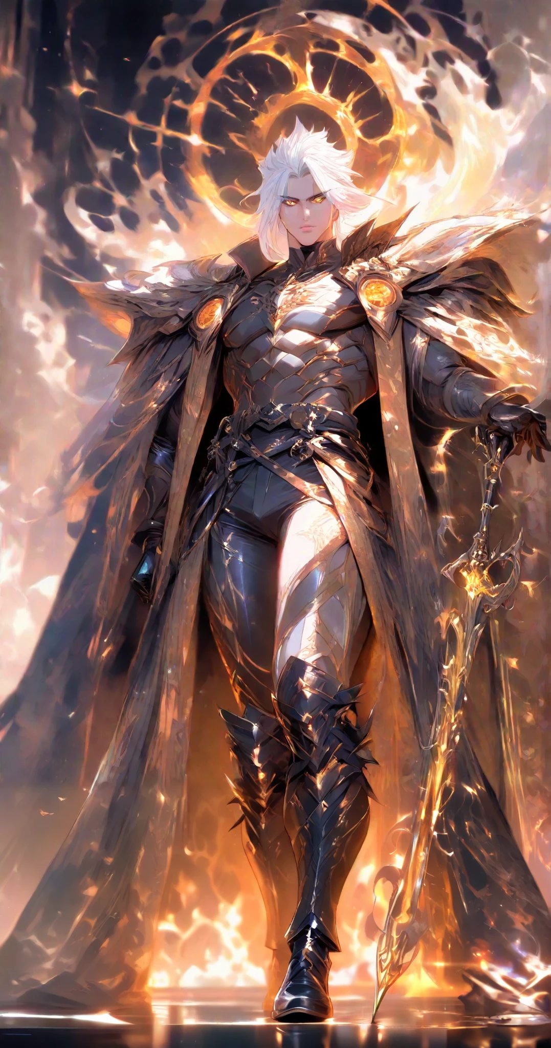 1 man, anime badass, Alone, A powerful figure clad in dark, intricately designed armor with fiery, glowing orange accents stands firmly, exuding a commanding presence. His short white hair is styled with a slightly tousled look, complementing the striking contrast against the armor. The elaborate outfit is adorned with sharp, metallic details and features a belt with ornate buckles. Holding a fierce weapon in hand, the character's robust physique is highlighted by the tightly fitted armor, accentuating the muscular form. The background suggests a dynamic environment filled with swirling energy and flames, adding to the dramatic and formidable atmosphere. The light source casts dramatic shadows, enhancing the vivid intensity of the scene.
anime male boy Giga Chad, 1 man é uma príncipe de cabelo platinado lido e curto com fios pretos na franja. His hair has a bit of black and gold lighting with glowing dark fluorescent orange, golden irises with glowing pink details surrounding the pupils of vertical slits in the Irises, sexy, seductively male body. badass, Overpower ilumination. imposing, impeccable posture. muscular body. Armadura retalheCorpo anatomically correct. High resolution, masterpiece, Necessary, anatomically correct, Awarded several times, best quality, High details, high quality, retina, Super detail, Textured Skin , Ultra HD, Slit-shaped pupils, Clenched teeth in a seductive delicate smile, Slit pupils/ Shimmering pupils , constricted pupils , Perspective, symmetry, depth of field, brilliance, lines of motion, Lens reflection, Flowering, Cinematic Lighting, Rays of Divine Light, OctaneRender 8K, Character Design, Cinematic Art, Cinematography, hyperdetailed, hyper-realism, soft colors, Soft lighting, ((((looking at the viewer from the front))) (((remote positioning))) (((full body view, standing)))