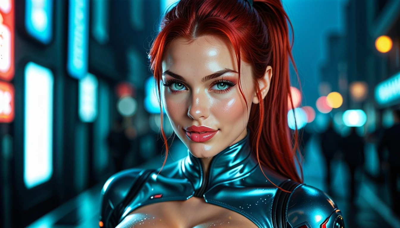 high angle photo of a gorgeous 34 year old woman, healthy skinny,short, small, realistic skin texture, looks up, smiling, big lips, little noose, sexy (red steampunk clothes), steampunk cosplay, (red hair with blue mops), blue hair mops, little boobs, small boobs,flexy boobs, small tits,skinny, posing on the street, night city(cyberpunk), street shops in the background, neon lights, 1 / 2 body crop, 21 5 mm art lens, f 1. 1, sharp focus, 8 k high definition, insanely detailed, intricate, elegant, photorealistic, real life, big shoulder, little neck, long lash, full lips, big lower lip, photo like, realistic picture, synmetric eyes