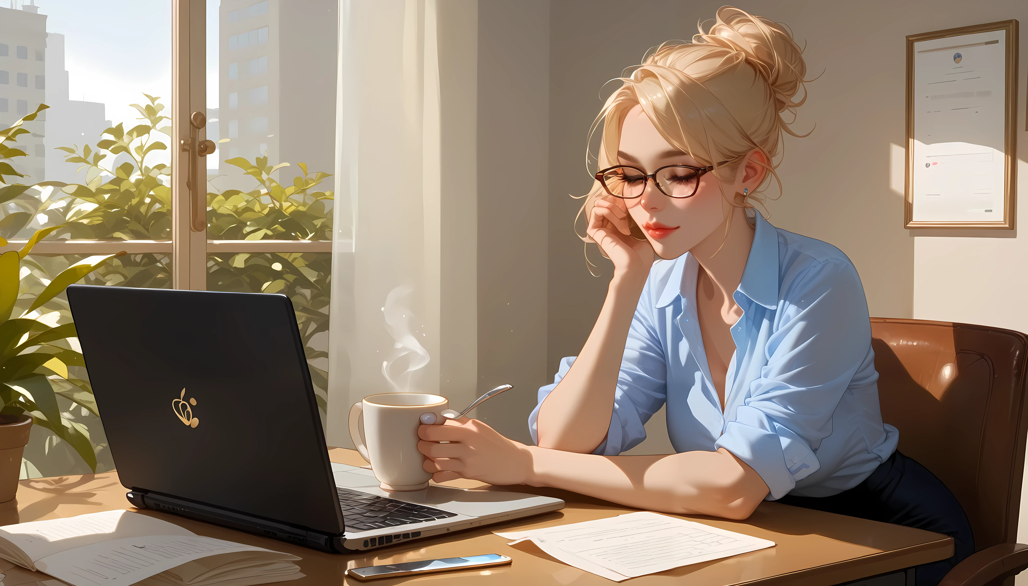 "A beautiful face and nice body, a woman working on her laptop in a cozy home office." She is wearing a casual blouse, with glasses resting on her nose. A cup of tea, a smartphone, and a few documents are scattered on the desk, creating a focused workspace.