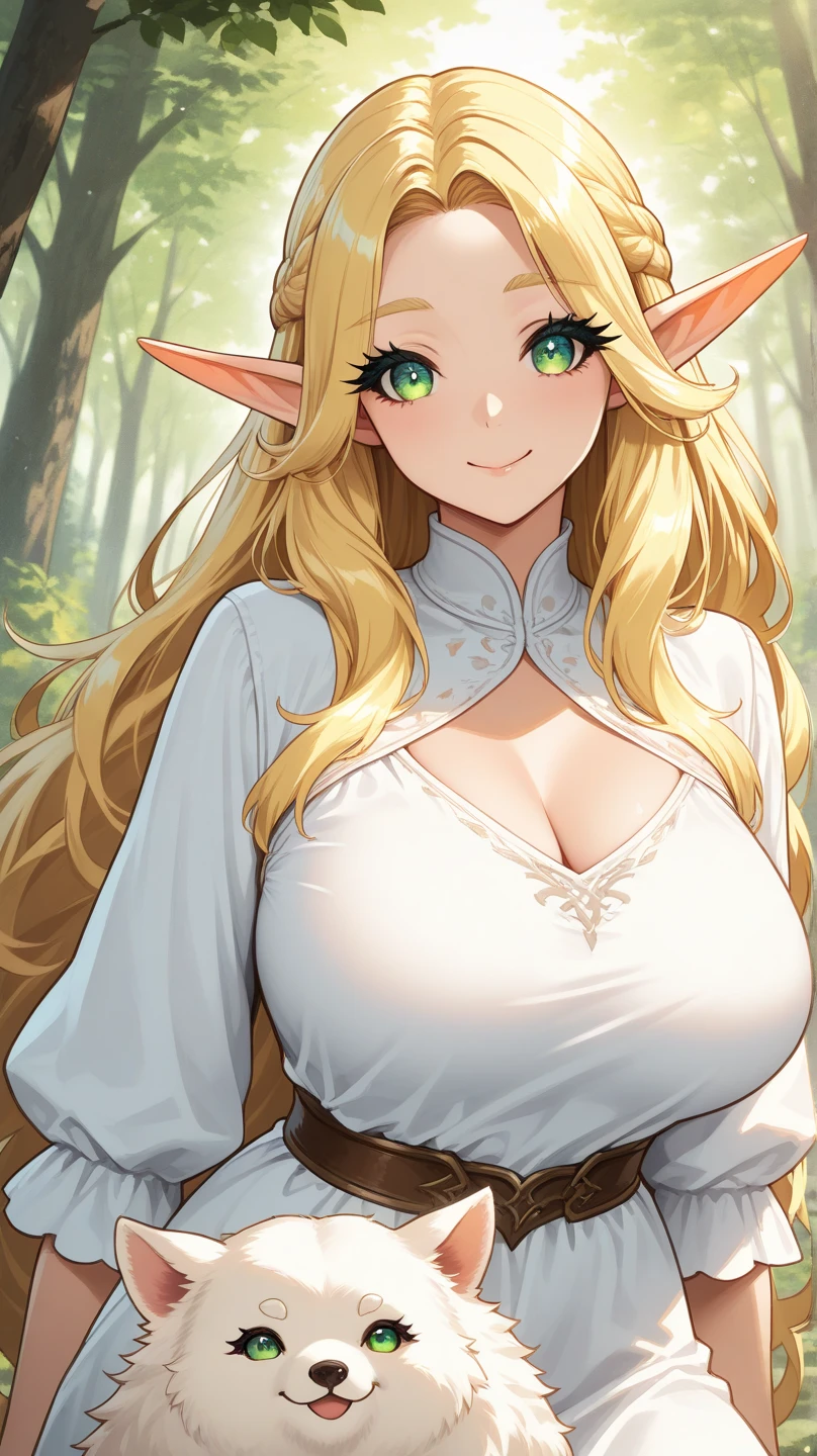 (Ultra Quality,Unparalleled Masterpiece:1.4)Overwhelmingly Pixel-Perfect,Ultra-Detailed CG 4K,(Ultra-Detailed Clear Absurdly-Vivid Jade Big Eyes:1.2),Gorgeous Round Detailed Face(Voluptuous:1.4)Elf(Gigantic Breasts:1.8)(Voluminous Long Blonde Hair: 1.4),ADULT(Bangs, Sidelocks:1.2)Seductive(intricately detailed white dress:1.3)(Zelda)(Celestine Lucullus: 1.2)(Solo:1.4)(1Girl: 0.5)(Facing Viewer:1.2)(arms behind back:1.2)(Cowboy Shot:1.2)(from above:1.1),Skindentation(Curvaceous:1.4)(Curvy:1.4)(Bimbo: 1.4)(Normal Waist: 1.2)(Thick Lips: 1.3)small-nose(light smile: 1.2)Rocks,Trees, Plants,Bush,Color Graded, (Erotic face:1.4)