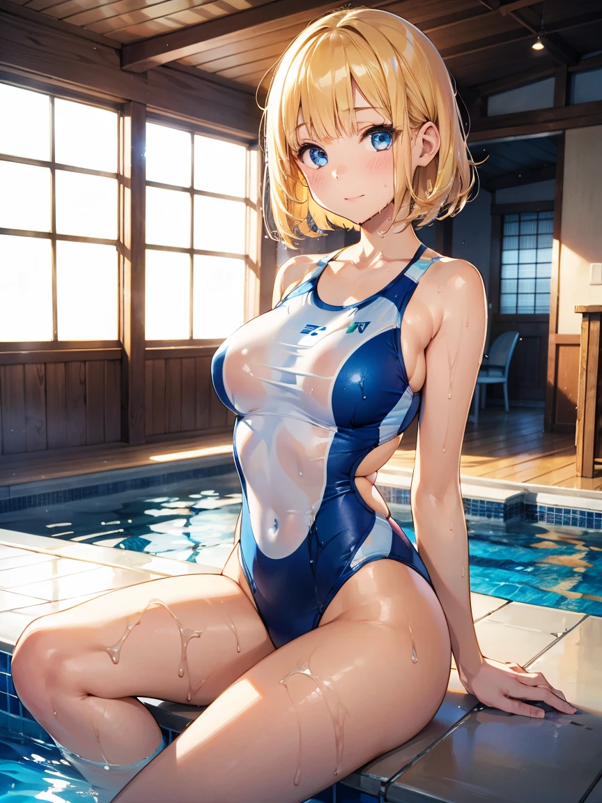 Anime style, super fine illustration, super clear illustration, highly detailed, beautiful detailed, super pale tone image, super delicate illustration, super calm & static image, static representation, gentle expression, 8k, pretty 1girl with blonde straight short hair & blue eyes & a bright smile & Big breasts & nipples & soft fair skin & (shiny skin : 1.6) is wearing the competitive swimsuit in the swimming pool, Olympic, happy stories, solo, perfect fingers, no more fingers, no less fingers, perfect arms, no more arms, no less arms, perfect legs, no more legs, no less legs, no more hair, no more clothes, masterpiece,