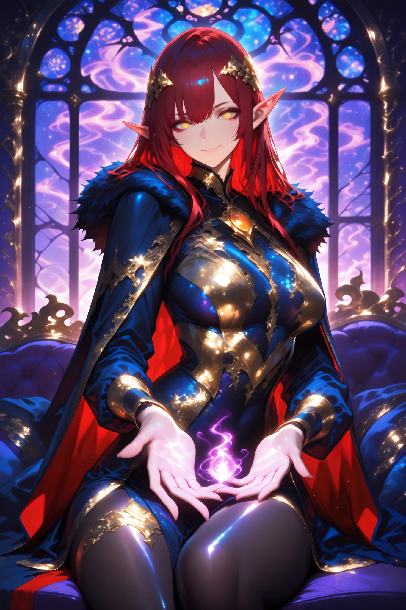 (masterpiece) , (highest quality) , (very detailed) , (the best shape) , (absurd) , (so beautiful) , (perfect anatomy), (perfect clear eyes), 1girl,red hair, long hair, golden eyes , beautiful Elf, girl, Beautiful body shapes, sexy, beautiful delicate makeup, brooch in her hair, The amazing , beautiful, Darling, bright, rich colors, smile, Dressed in a light patterned cape, loose and slightly furry, Lies on a beautiful fur-upholstered sofa in an ancient wooden house, offers a beautiful view of a sunny valley with magical clouds, her window, Gorgeous, Masterpiece , best quality, 8k, maximum quality, Soft colors, purple, ideal, fantasy style, Fantasy, fabulous, incredible, magic, magic, intriguing , unpredictably,