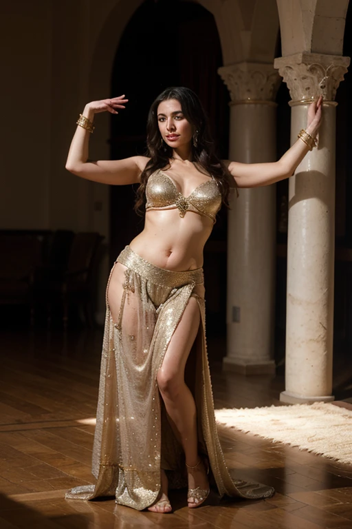 A solo (((vividly detailed Arabic belly dancer with big ))) dressed in a flowing, intricate costume embellished with intricate patterns and dazzling jewels, movement that combines graceful, expressive gestures that convey an air of ancient, timeless elegance