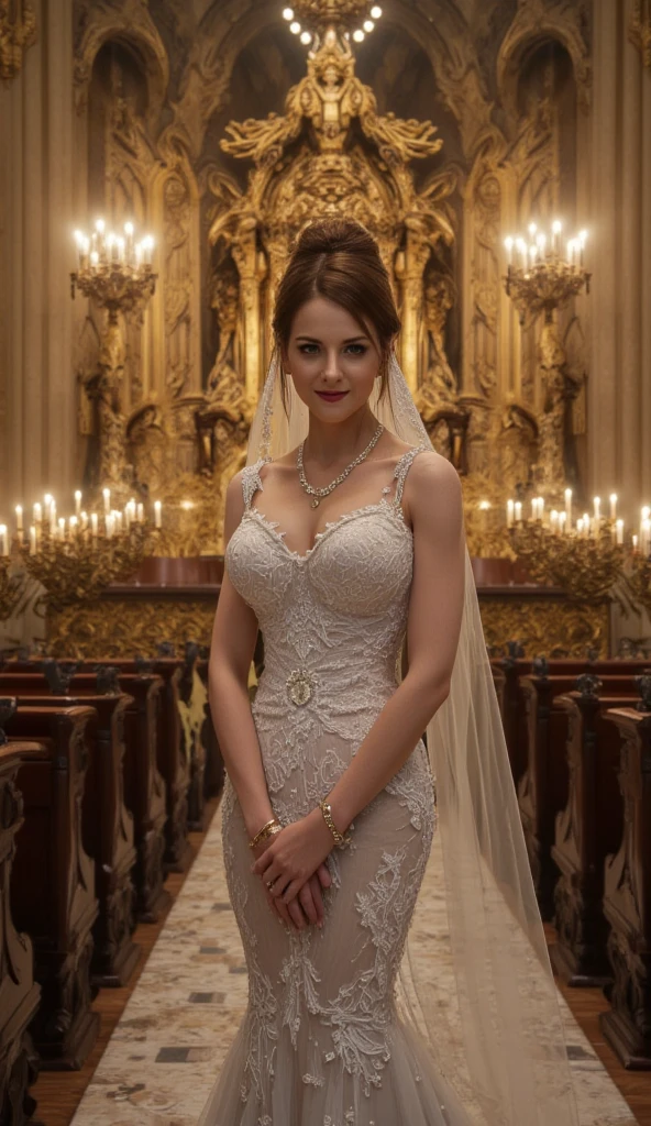 wedding dress, long blonde hair, sitting, hourglass figure, huge breasts overflowing cleavage, (background black couch, detailed walls, crowd behind, warm light), realistic,
