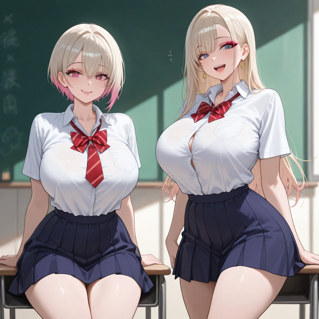 masterpiece, Top Tier, nice, 8k, unity wallpaper, Unreal Engine 5, Ray Tracing, 8k, Cinematic, various depth of field, Octane Rendering, elegant, Tone Mapping, hyperfocus、The best masterpiece、highest quality:1.2、8k、(Two women in their 30s standing side by side)、Married women:1.5、Close-up of two women、((A Russian woman with short blonde hair in a loose perm、Two Japanese women with long black hair))、Hair on one eye、mother:1.4、Mature Woman:1.4、Huge breasts:1.8、Slightly sagging breasts:1.2、Long chest:1.5、Sailor suit cosplay、A loosely wrapped tie、Captivating smile、Sweat runs down the valley of her breasts、Unbutton one of your uniforms、School、classroom、classroom、black tights、Black Stockings、Detailed five fingers、White shirt、Dark blue mini skirt、Pleated skirt