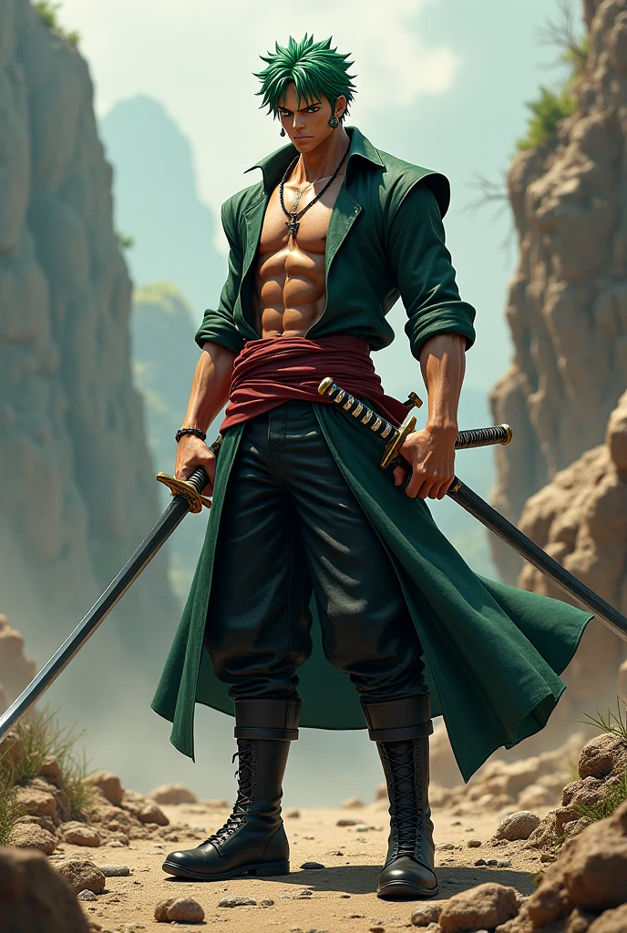 1man, roronoa zoro in anime one piece, short hair , green hair, black eyes, handsome, green clothes, earring, realistic clothes, detail clothes, city background, ultra detail, realistic