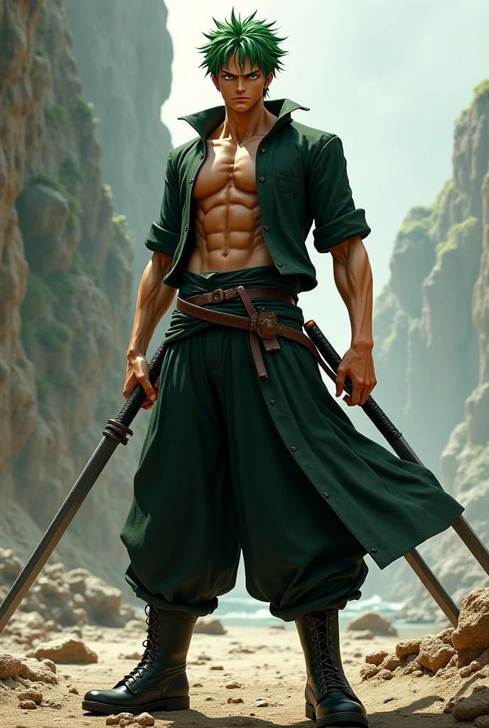Perfect picture of green hair roronoa zoro with his 3 swords in hd quality.