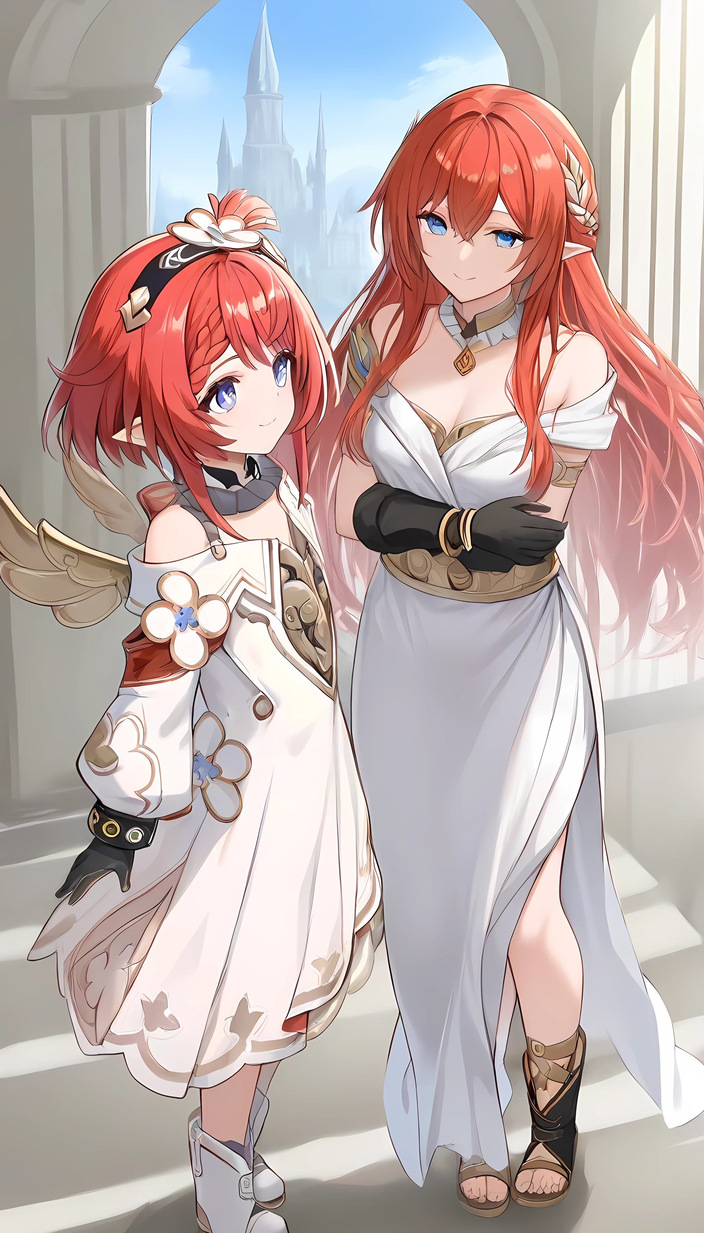 (masterpiece,best quality), 2girls, BLUE SKY ADDCOMM 1 GIRL, tribbie , Wings, detachable collar, Puffed Long Sleeve, black gloves, black and white boots , smile BREAK 1girl,  tribios , gold choker, off shoulder, bracelet, long dress, Gold Sandals, smile, Closed Mouth,long red hair
