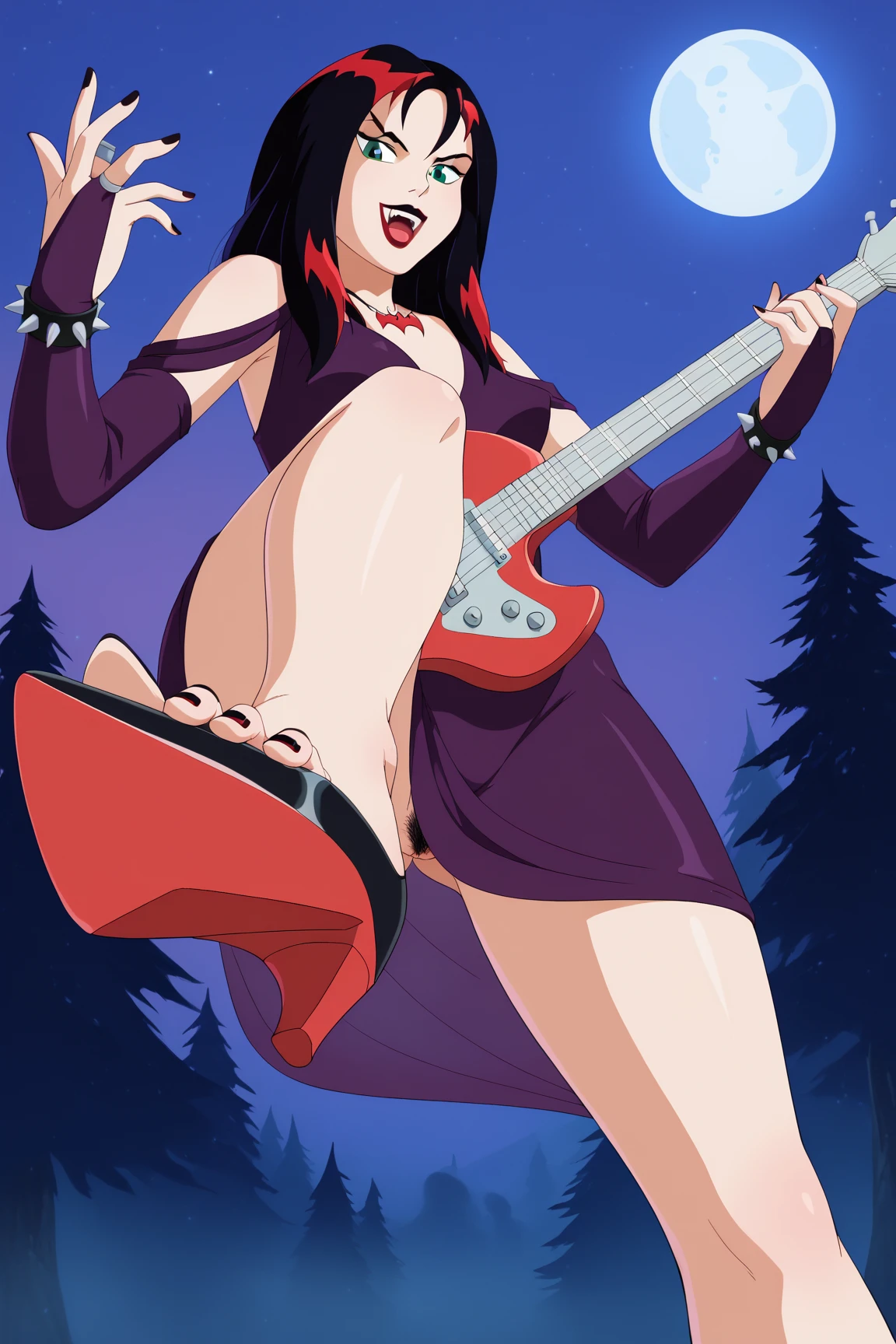 masterpiece, best quality, highly detailed, i-no a woman, red outfit, witch hat, red boots, ring necklace, dark hair, black hair, bob haircut, mole next to mouth, squatting, playing guitar,
upskirt, lifting skirt, pantyhose, pantyshot,