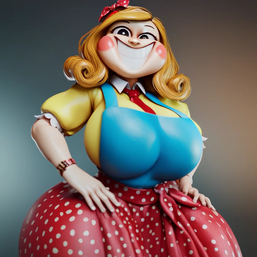 masterpiece, best quality, blush, sexy 3D pixar style clown girl character wearing a clown themed suit and tie with polka dots, big red clown nose ball, clown makeup, standing with hands on hips, huge fake breasts, spherical breasts, floating breasts, whimsical formal clothing, clown suit, sexy clown girl, thin waist, levitating breasts, big oversized polka-dotted bowtie, big clown bowtie, big shirt collar, oversized shirt collar, polkadot patterns on clothes, pointy big nipples pointing inside clothing fabric, cartoon pixar clown girl, emphasized breasts, spherical breasts, circle shaped breasts, big happy smile, background is fully blank and white, white background, solo character, round inflatable breasts, impossible breasts, balloon breasts, air blow-up breasts, air inflated breasts