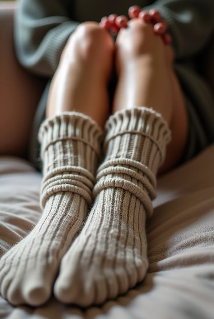 (photorealism:1.2), woman feet in a couch with socks autumn theme