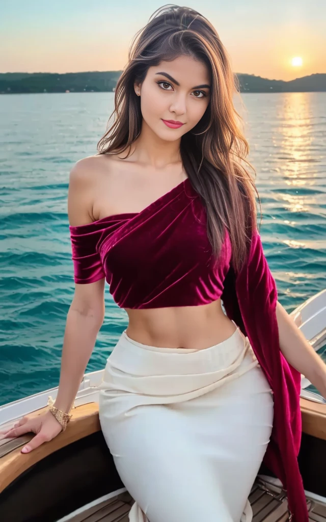 a desi beautiful girl who's age 25 stands on a beach, wear red colored blouse, detailed fair skin, long wavy hair, high resulusion, masterpiec.