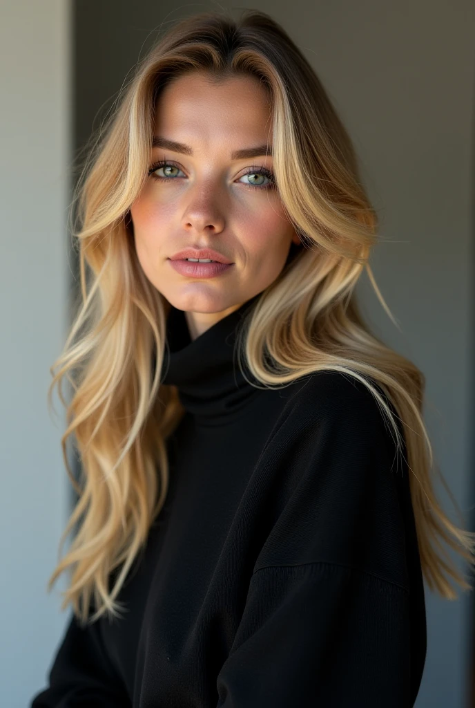 Photo of Sophie rain, best quality, she is wearing a black sweater, soft lighting, gorgeous, blonde woman, Hispanic,