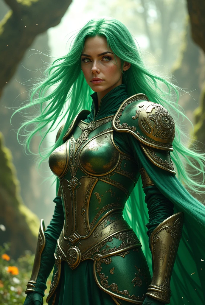 (extremely detailed photo 8k), full body shot photo of the most beautiful artwork in the world, beautiful woman warrior, (green hair), cleavage, wearing intricate fantasy colorful engraved armor, cinematic lighting, very detailed face and eyes, elaborate fantasy background, high-quality photo, photorealistic painting by Ed Blinkey, Atey Ghailan, Studio Ghibli, by Jeremy Mann, Greg Manchess, Antonio Moro, trending on ArtStation, trending on CGSociety, Intricate, High Detail, Sharp focus, dramatic, photorealistic painting art by midjourney and greg rutkowski