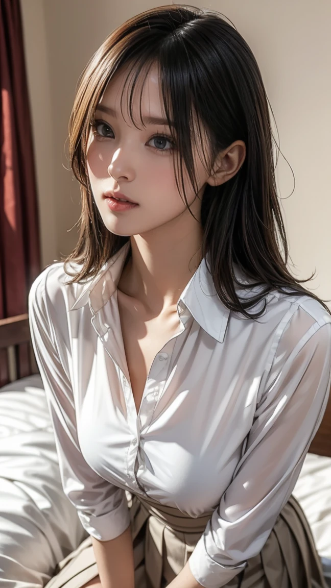 (raw photo:1.2), (photorealistic:1.4), cute girl, very detailed eyes and face, beautiful detailed eyes, huge file size, super detailed, high resolution, very detailed, best quality, masterpiece, kemomimi, ((sheer shirt)), illustration, very detailed, CG, unity, 8k wallpaper, amazing, fine details, masterpiece, best quality, very detailed CG uniform 8k wallpaper, face light, Movie Lighting, 1girl, 16 years old, black hair, side split, (no hat), (no panties), ((dynamic pose))), (camel toe), (half), (pantyhose), (sitting on knees)), eyes seductive