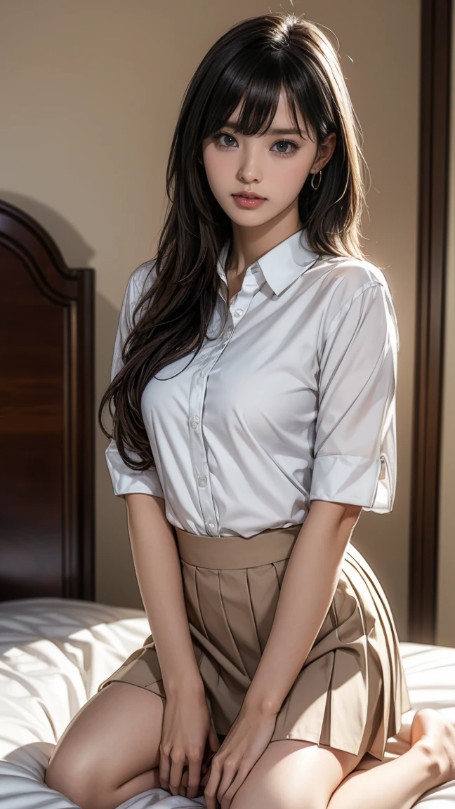 23 years old Japanese Beauty woman Light brown hair Gentle expression high resolution Uncle Preference Cute Medium Hair Full body portrait photography Sexy pose beautiful肌 , Perfect Anatomy,beautiful目, Ring Eye, 茶色のMedium Hair , Ahegao、Cinematic lighting of the highest quality, detailed, beautiful, Landscape Pants invisible Sitting with legs crossed, (Gray business suit, Grey Skirt), (White blouse:1.0), With chair, With window, Stylish office