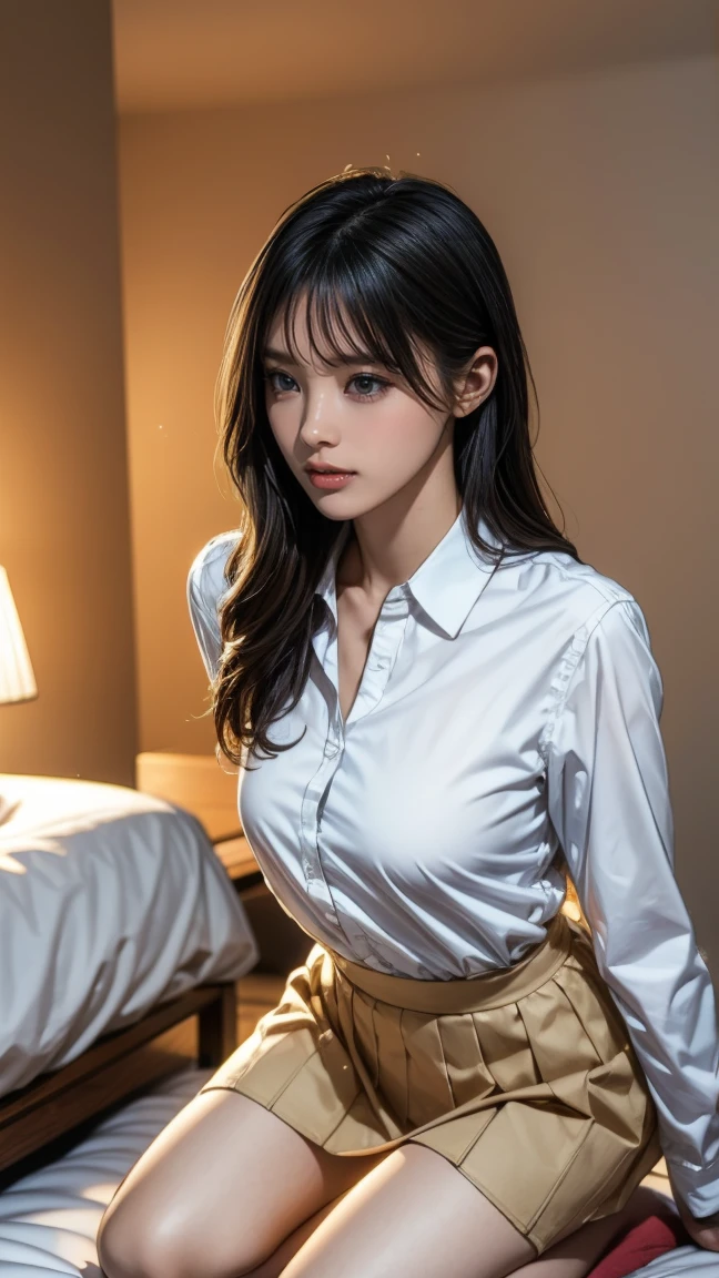 (In 8K，highest quality，masterpiece)，(Realistic，RAW Photos，Super Fine Clear)，Realistic Light，Detailed skin，Beautiful Japanese Women，((30-year-old woman，))、，(Long skirt)、Panty shot，sexy black panties、kneeling to spread legs，Thin legs、fine grain，Detailed fingers、thin、Sexual，Ecstasy expression，In a stylish bedroom、a place where there are no people，Ecstasy，era of asian eyes