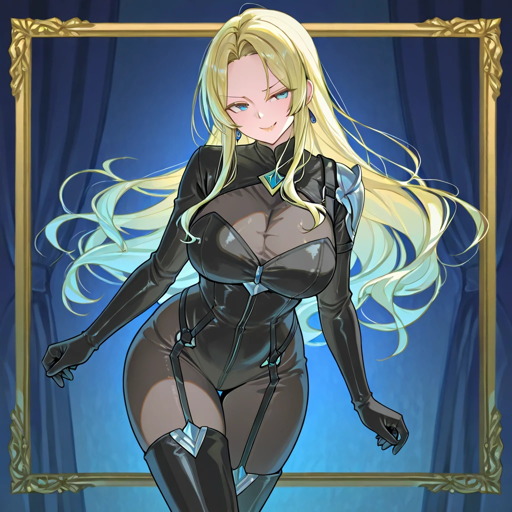Blonde girl in black clothes, blue colored eyes, with erotic clothes "black", luvas e meias sensuais black.
