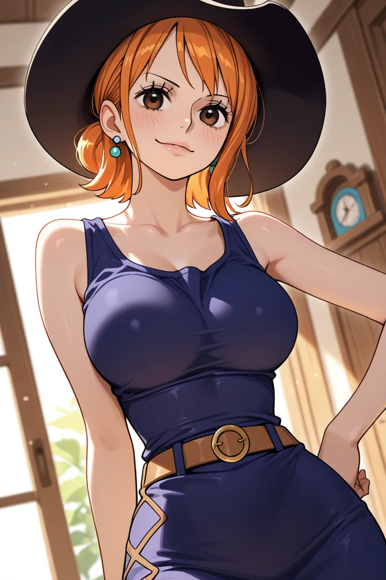 (Masterpiece:1.4), (best quality:1.4), ultra highres,1girl,solo,extremely detailed,8k, beautiful, detailed eyes, looking at viewer, strong dark colors, (depth of field), (dynamic), (epic), sharp focus, (intricate details:1.2), Full color, nami \(one piece\),(one piece),(strong pose:1.4),short hair, arm support, asymmetrical bangs, bangs, blue shirt, white shirt, yellow skirt, collarbone, day, hair behind ear, large breasts, looking at viewer, miniskirt, toothy smile, orange eyes, orange hair, shirt, short sleeves, ((sitting)), skirt, two-tone shirt,((straw hat)),