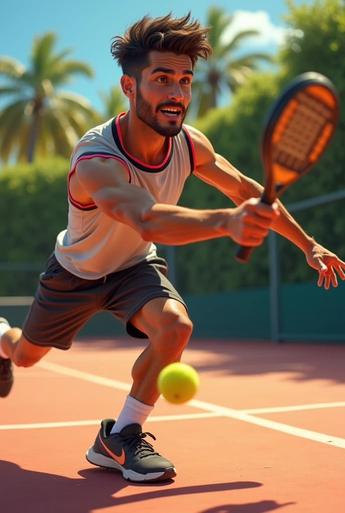 A bald, beardless Latino man, playing paddle tennis