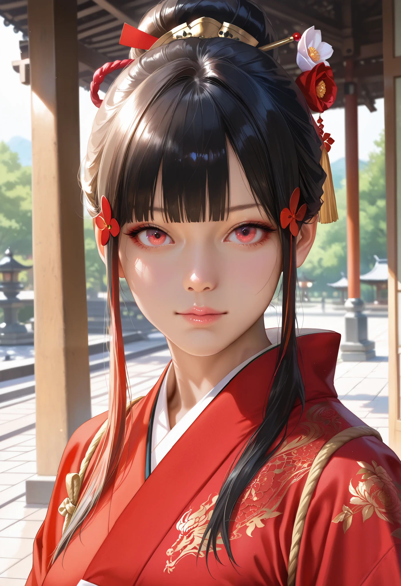 bright look、photorealism、highest quality、Super high resolution、picture extraordinary beautiful girl cute and beautiful face details、、beautiful bangs shining white skin
TKNKZMI, (best quality,highres:1.2), (realistic:1.37), HDR,UHD,studio lighting,extremely detailed,professional,vivid colors,bokeh, portraits,warm toned lighting beautiful woman face, beautiful light red eyes, black hair, blunt bangs, eye shadow, sidelocks, hair ornament, hair bun, golden detailed red kimono golden embroidery, Amazing Photo, Japanese park, walkway, beautiful park, Beautiful detailed photo, Amazing body,