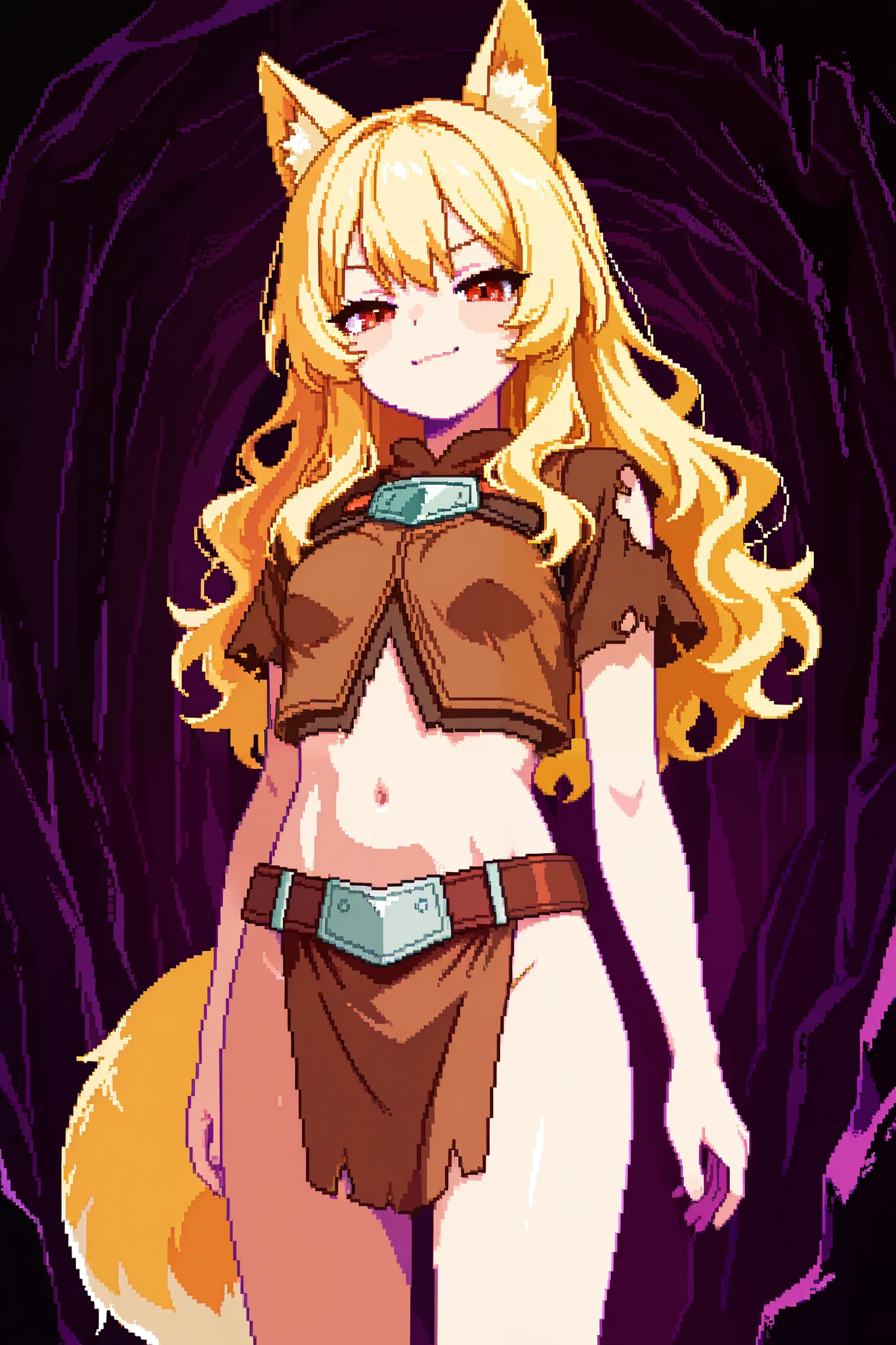 score_9, score_8_up, score_7_up, source_anime, 1girl, solo, pixel art, playingcard, trading card, card_(medium) BREAK
Kemonomimi, fox ears, blonde hair, long hair, wavy hair, red eyes BREAK small breasts, fox tail, yellow tail BREAK
Barbarian clothes, brown shirt, torn sleeves, short sleeves, navel, brown loincloth BREAK
Looking at viewer, smirk, closed mouth, standing, portrait, cave interior, (purple cave), purple rocks