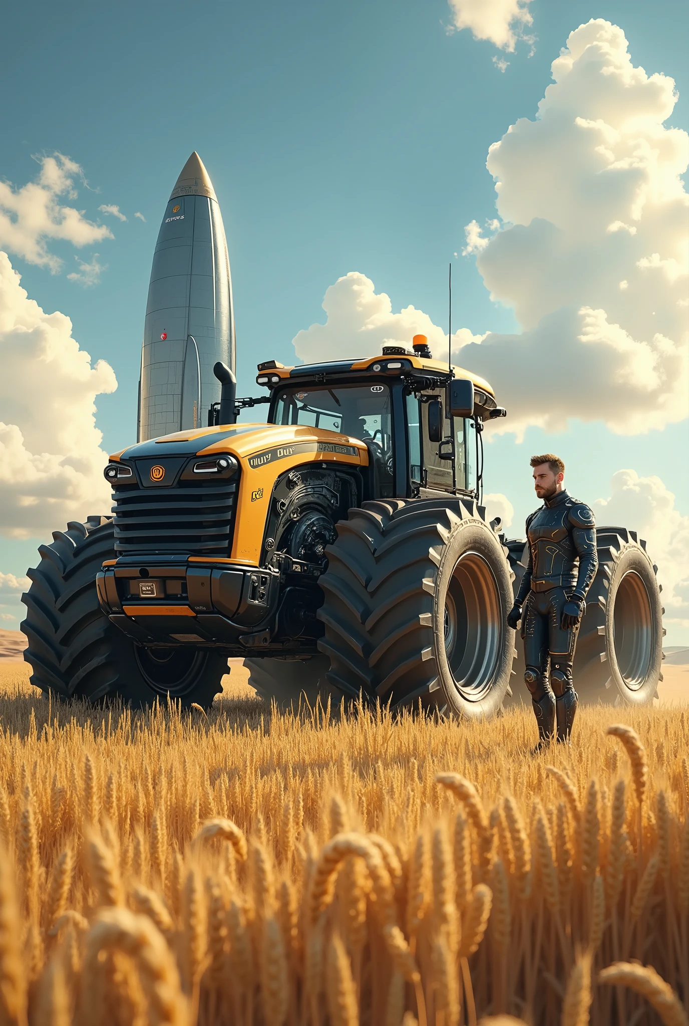 detailed graphics , the last high-tech crawler tractor in a wheat field, farmer in ultra-modern high-tech suit, nearby, spaceship spaceport, alien sky, superdetailed hand-drawn art with a wealth of shades and halftones, depth of light and shadow, digital art-style.