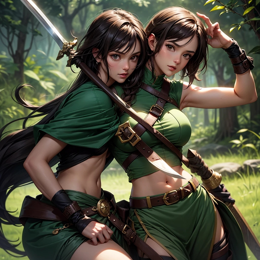 light skin girl, green eyes, short hair, Brown hair, curly hair, moles on the face, dressed provocatively, with a katana in hand. crying, walking.