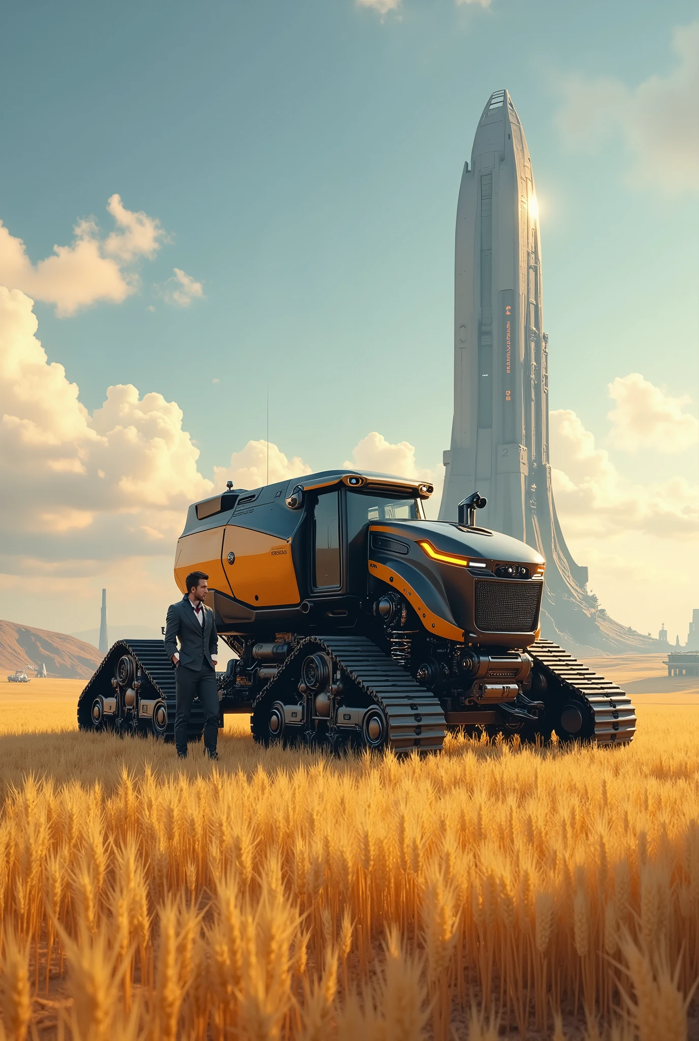 detailed graphics , the last high-tech crawler tractor in a wheat field, farmer in ultra-modern high-tech suit, nearby, spaceship spaceport, alien sky, superdetailed hand-drawn art with a wealth of shades and halftones, depth of light and shadow, digital art-style.