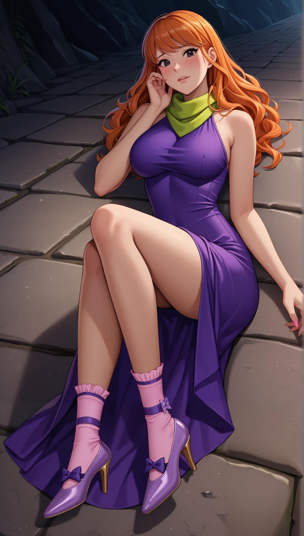 score_9, score_8_arriba, score_7_arriba, score_6_arriba, score_5_arriba, score_4_arriba, source _anime, Label 1, Label2, quality_masterpiece, Anatomically correct, detailed skin, a girl, detailed face,
young lady , slim body, big breasts, epsbddaphne ,orange hair, long hair, black eyes,lavender diadem, green scarf ,pink socks, purple dress, high heels, purple shoes, make up,
sensual girl, seductive, Glamour, seductive BREAK, embarrassed, close shot,
cave bottom, slim body, thighs, Lying down,