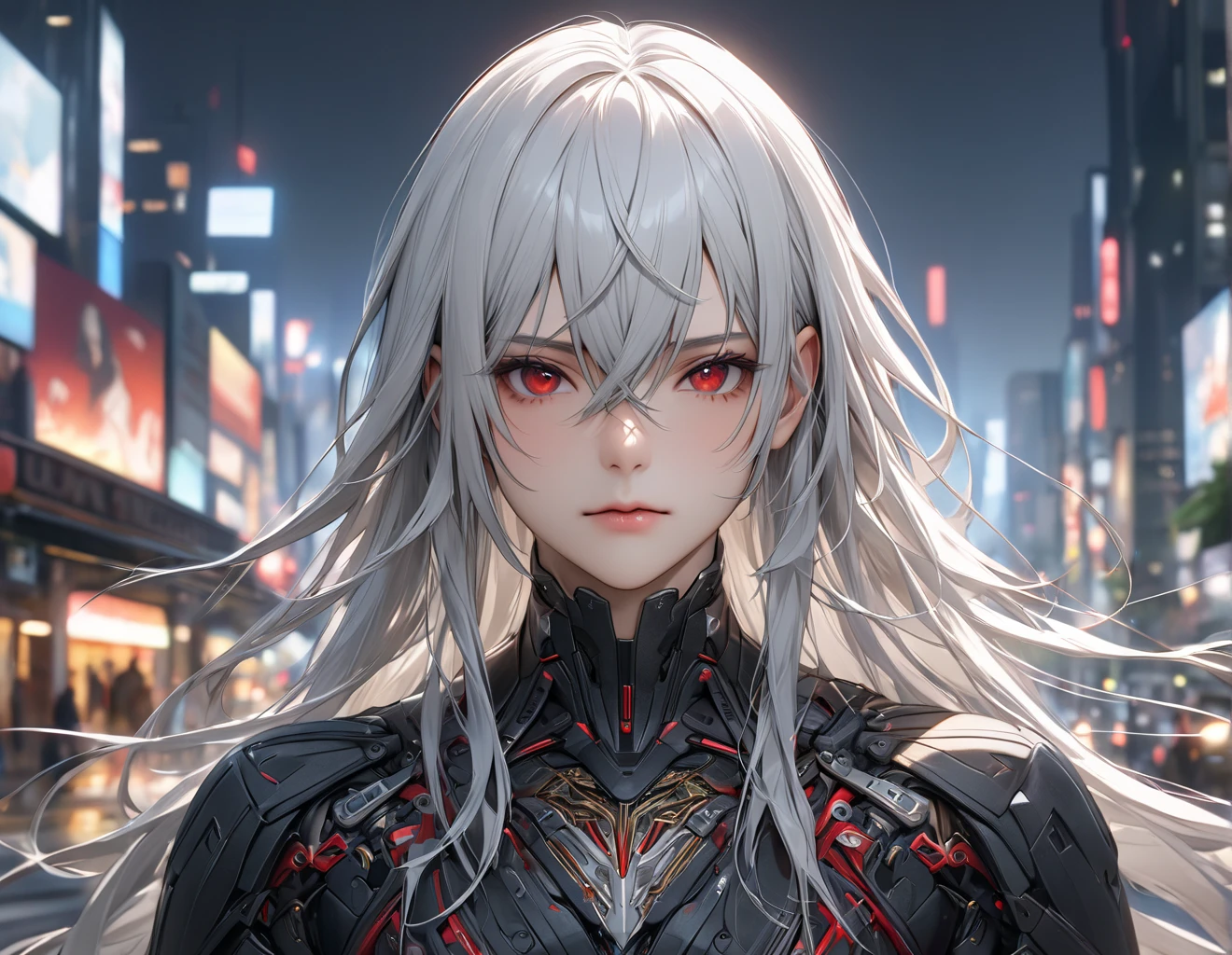 young man with long hair,white hair,red eyes,(oval face) Cold person (Triangular shaped head)Wearing black knight armor all over.,Ride the black dragon