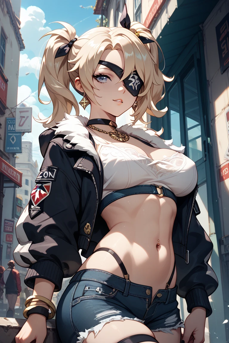 portrait of emb-haiz, pretty face, Cyberpunk city at night. She&#39;s wearing a cardigan leather jacket,micro bikini,  black jeans, dramatic lighting, (badge:1.2).