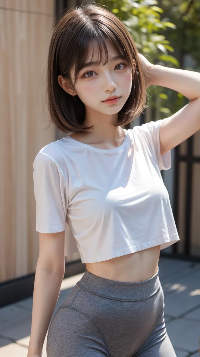 1 female,perfect 20 year old,Gal,smile:1.3,(Brown eyes),((Ideal body proportions:1.3,Small Head:1.7)),Sunburn,(((High quality anime, 8k,masterpiece,Perfect Anatomy))),Cowboy Shot,(Beautiful and exquisite face and eyes,gorgeous eyes:1.3), break ,Brown eyes, break ,Blonde:1.3,,Short Bob Hair,bangs, break ,smile,blush,Small breasts,Slender body,Toned body,skinny,,Oversized white T-shirt,Long sleeve、denim micro shorts, break ,Are standing,on the road,Shibuya Station、Tokyo、((Background blur)),