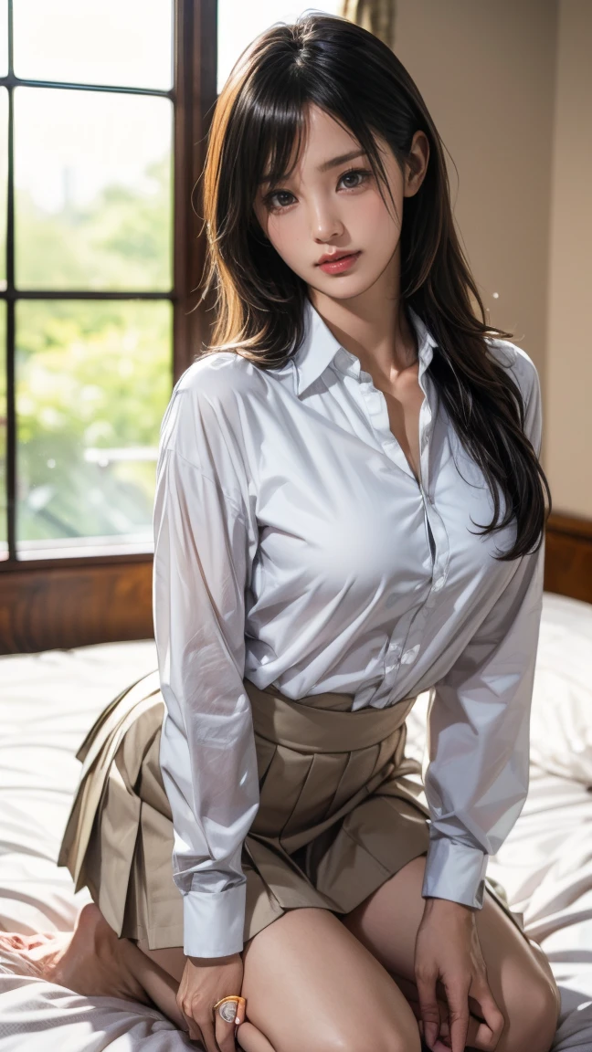 8K、ultra-high-resolution、Top image quality、masutepiece:1.2、Raw portrait of mature woman of Japan、超A high resolution、top-quality、 (爆乳、:1.4)、(Off-white long tight skirt):1.6}、(Wearing a sexy shirt:1.5)、(Inseam opening:1.5)、(fitting room:1.2) BREAK(natural skin textures、Detailed skin、Hyper-Realism、ultra sharpness)、intricate detailes、depth of fields、Sexy adult woman、Black hair shortcuts、toned buttocks、((masterpiece、top-quality、High Detail))、(photoRealstic:1.4)、独奏、Close your mouth、smiling with pleasure、big eye、pronounced double eyelids、Lashes、the neck is long、Absolute area、Clean clavicle、The face is perfect、thin lipss、a small face、(Gaze towards the viewer、Highlights in the eyes、bright brown eyes、lipgloss)、enticing,sexy pose,